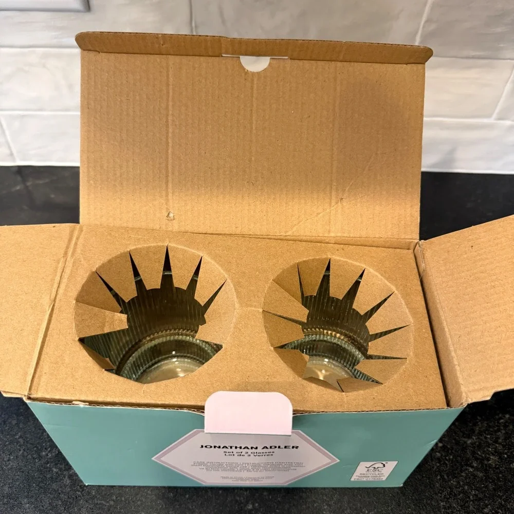 Jonathan Adler Biba Glasses Unisex 13oz Mint Green Ribbed Tiered Set of 2